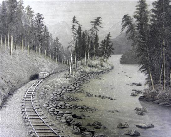 A Japanese embroidered silk picture of a railroad, early 20th century, 41.5 x 49.5cm